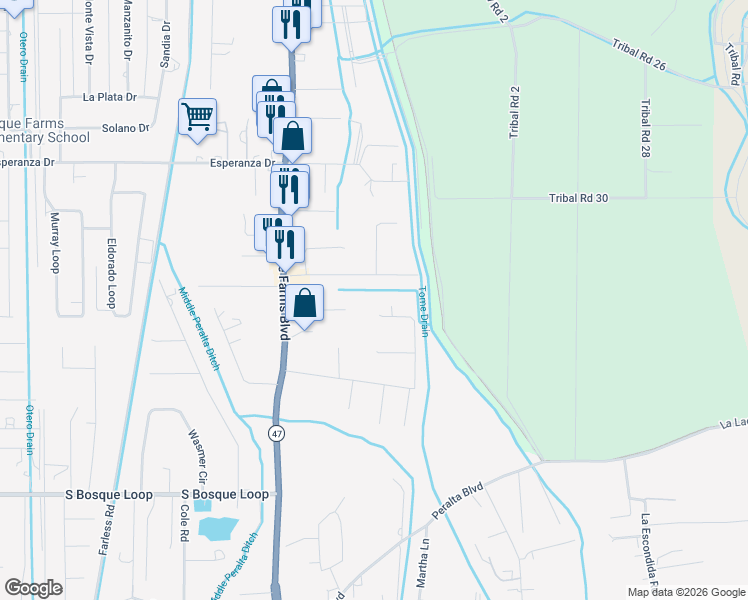 map of restaurants, bars, coffee shops, grocery stores, and more near 650 Barnett Road in Bosque Farms