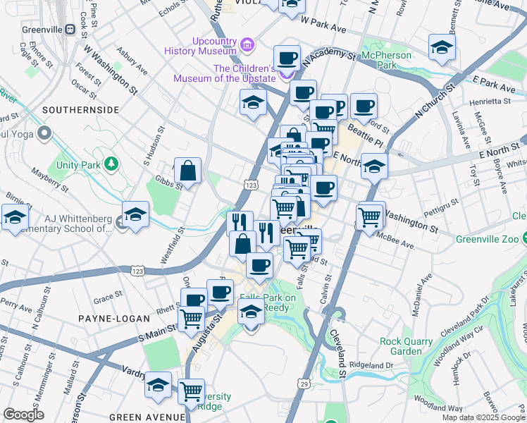 map of restaurants, bars, coffee shops, grocery stores, and more near 100 West Court Street in Greenville