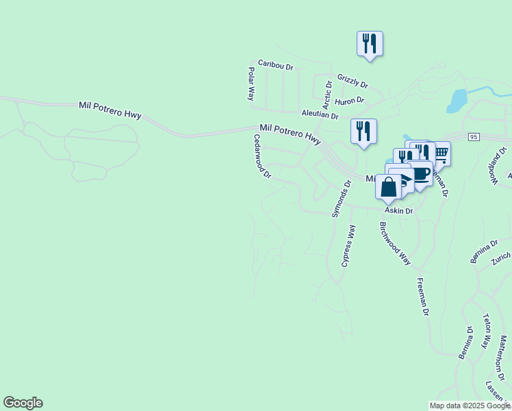 map of restaurants, bars, coffee shops, grocery stores, and more near 2405 Ironwood Drive in Pine Mountain Club