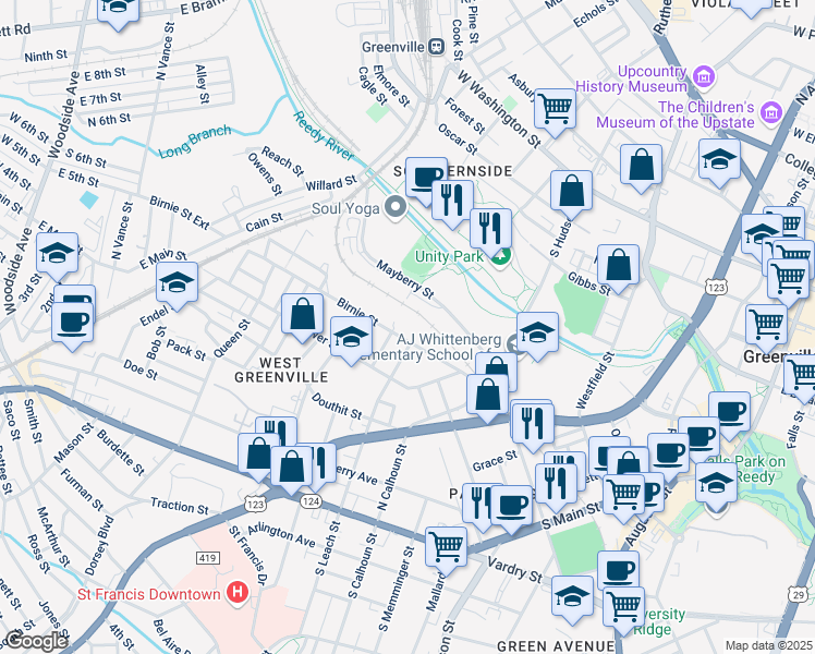 map of restaurants, bars, coffee shops, grocery stores, and more near 400 Birnie Street in Greenville