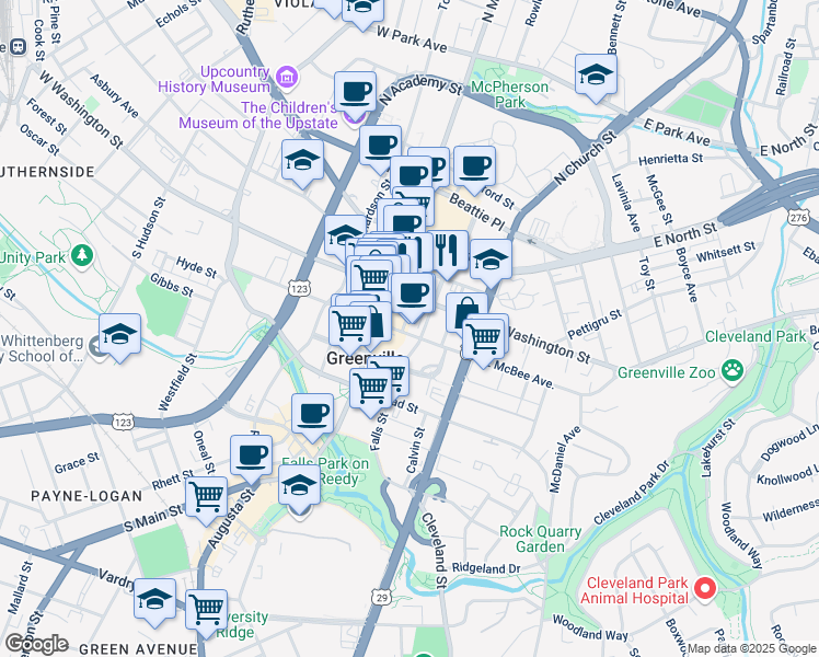 map of restaurants, bars, coffee shops, grocery stores, and more near 111 East McBee Avenue in Greenville