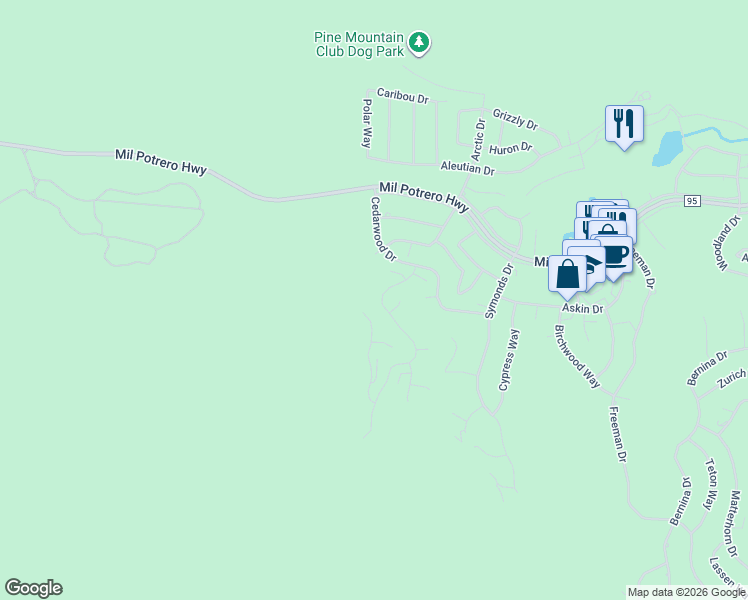 map of restaurants, bars, coffee shops, grocery stores, and more near 2405 Ironwood Drive in Pine Mountain Club