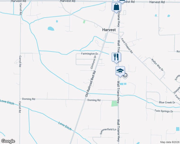 map of restaurants, bars, coffee shops, grocery stores, and more near 104 Lockport Drive in Harvest