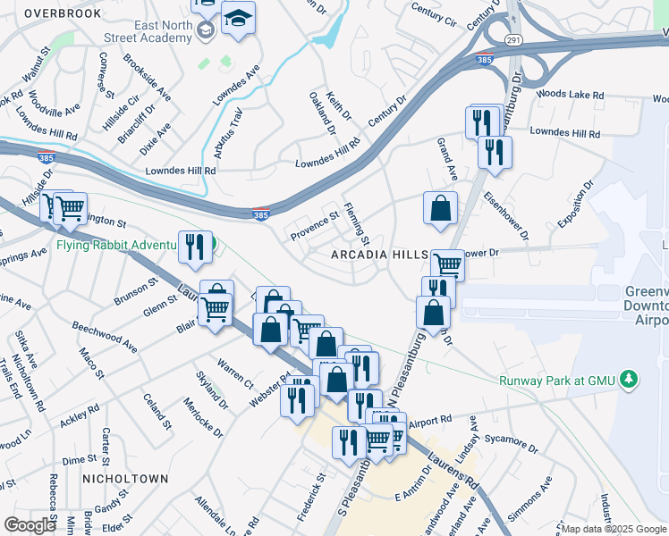 map of restaurants, bars, coffee shops, grocery stores, and more near 132 Manson Place in Greenville
