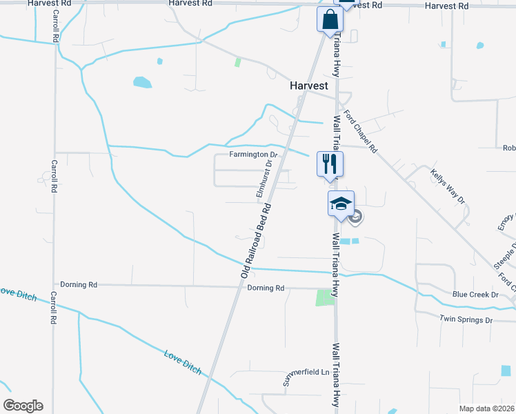 map of restaurants, bars, coffee shops, grocery stores, and more near 104 Lockport Drive in Harvest