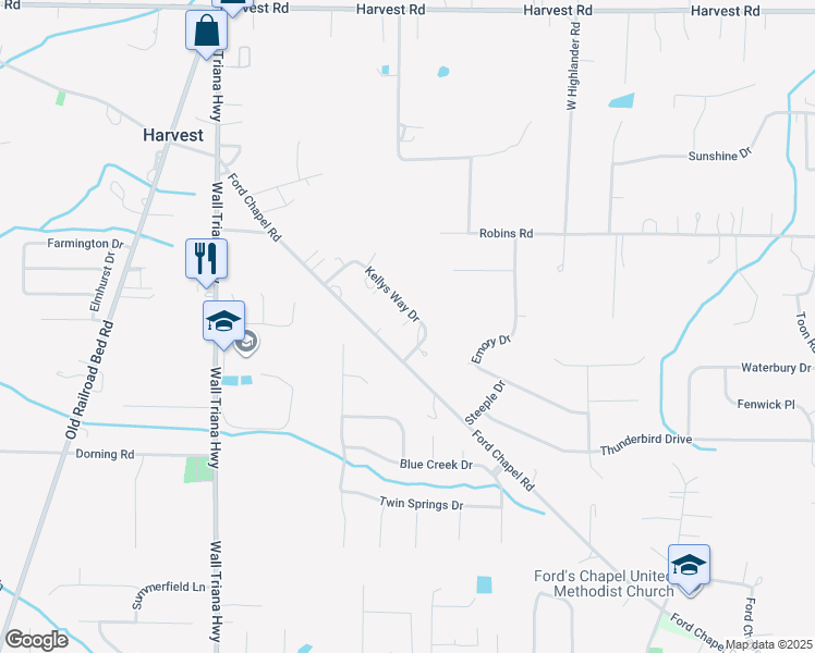 map of restaurants, bars, coffee shops, grocery stores, and more near 150 Kellys Way Drive in Harvest