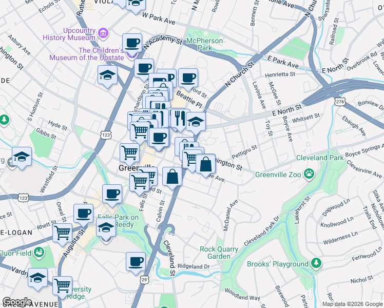 map of restaurants, bars, coffee shops, grocery stores, and more near 400 East Washington Street in Greenville