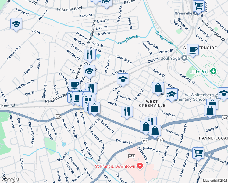 map of restaurants, bars, coffee shops, grocery stores, and more near 24 Endel Street in Greenville