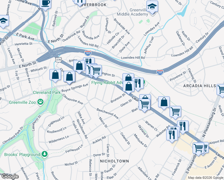 map of restaurants, bars, coffee shops, grocery stores, and more near 10 Coolidge Avenue in Greenville