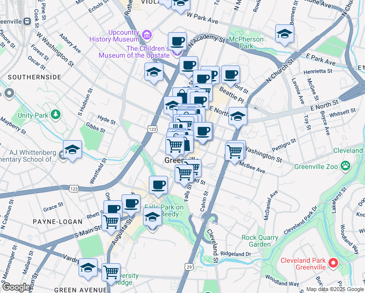 map of restaurants, bars, coffee shops, grocery stores, and more near 102 South Main Street in Greenville