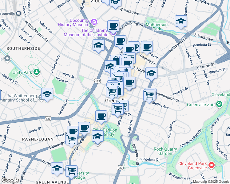 map of restaurants, bars, coffee shops, grocery stores, and more near 9 South Main Street in Greenville