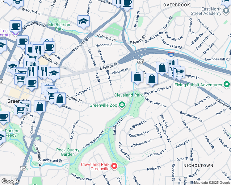 map of restaurants, bars, coffee shops, grocery stores, and more near 1151 East Washington Street in Greenville