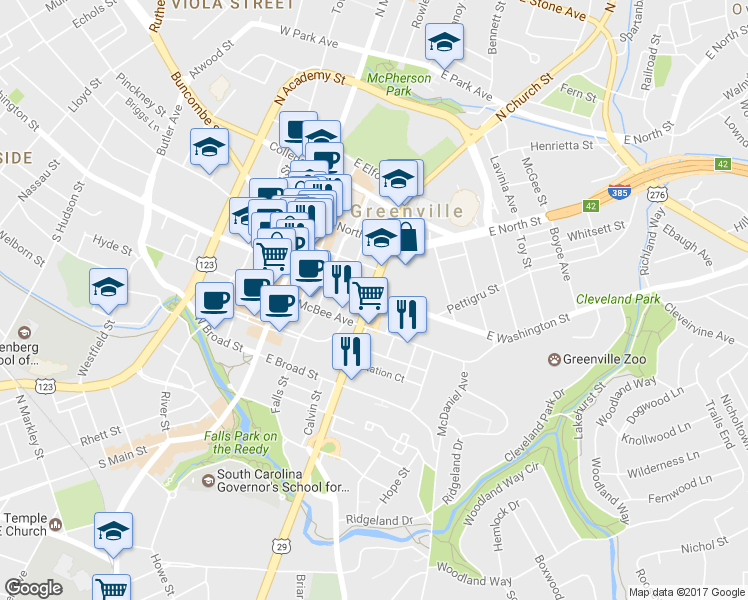 map of restaurants, bars, coffee shops, grocery stores, and more near 400 East Washington Street in Greenville