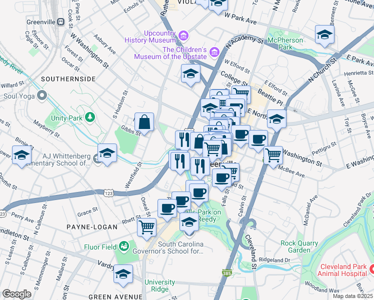 map of restaurants, bars, coffee shops, grocery stores, and more near 501 River Street in Greenville