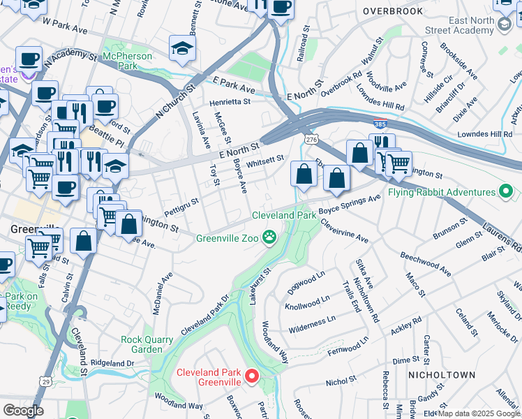 map of restaurants, bars, coffee shops, grocery stores, and more near 1151 East Washington Street in Greenville