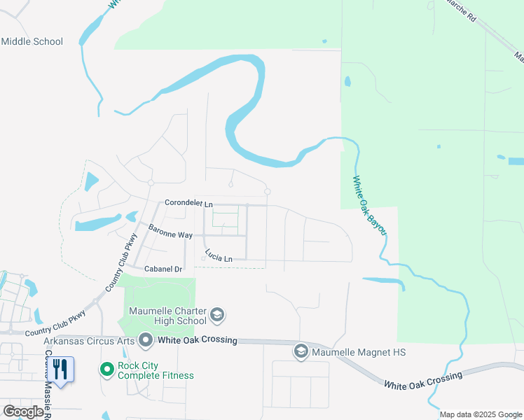 map of restaurants, bars, coffee shops, grocery stores, and more near 1500 Milligan Drive in North Little Rock