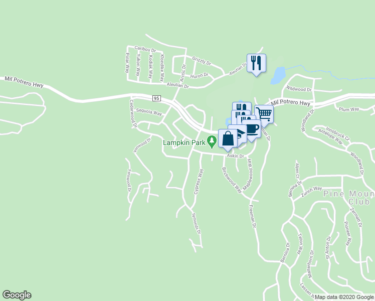 map of restaurants, bars, coffee shops, grocery stores, and more near 2405 Symonds Drive in Frazier Park