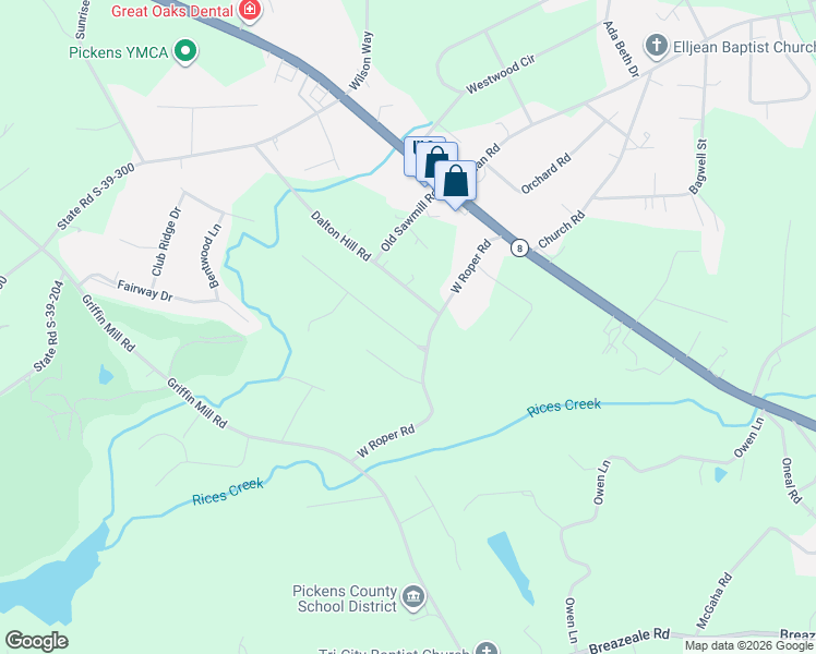 map of restaurants, bars, coffee shops, grocery stores, and more near 116 Fernwood Drive in Easley