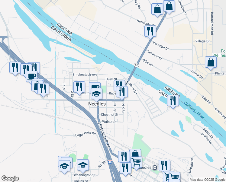 map of restaurants, bars, coffee shops, grocery stores, and more near 208 Race Street in Needles