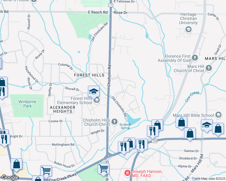 map of restaurants, bars, coffee shops, grocery stores, and more near 3400 Chisholm Road in Florence