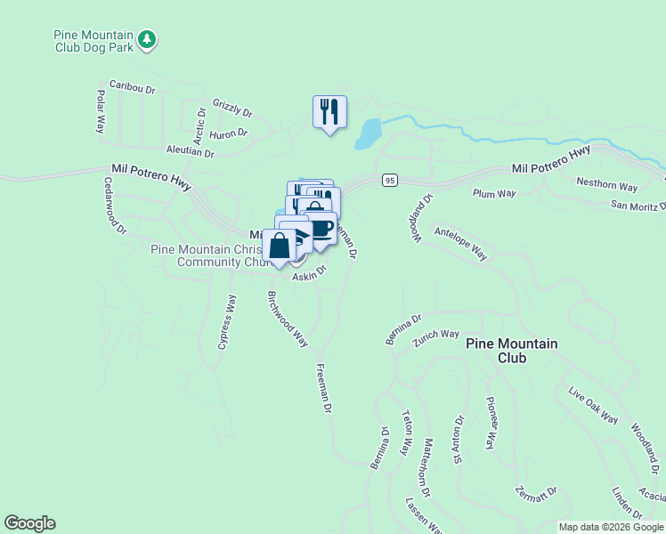 map of restaurants, bars, coffee shops, grocery stores, and more near 16250 Askin Drive in Pine Mountain Club