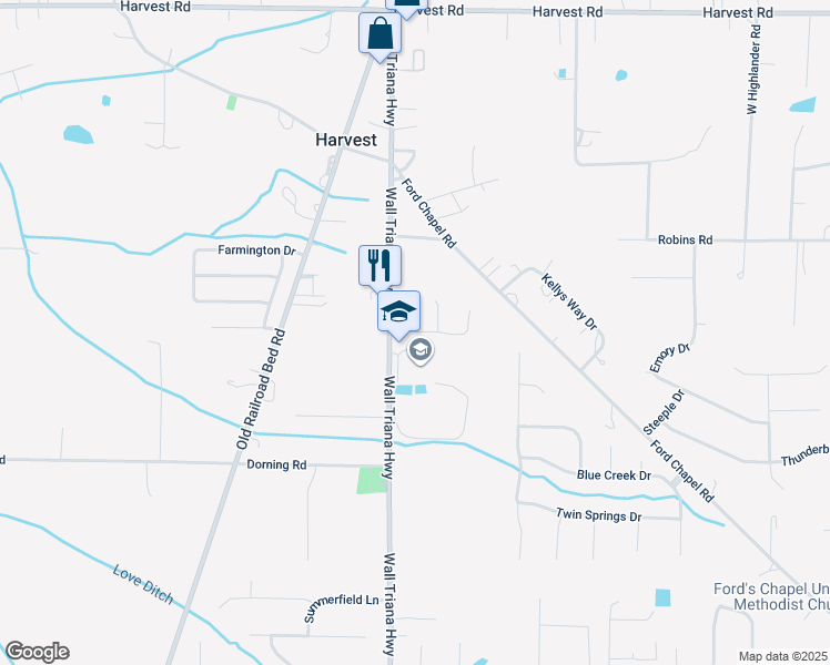 map of restaurants, bars, coffee shops, grocery stores, and more near 101 Dace Court in Harvest