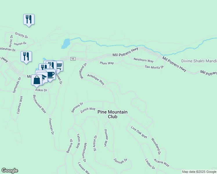 map of restaurants, bars, coffee shops, grocery stores, and more near 2304 Woodland Drive in Frazier Park