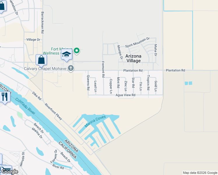 map of restaurants, bars, coffee shops, grocery stores, and more near 10569 Copper Lane in Mohave Valley