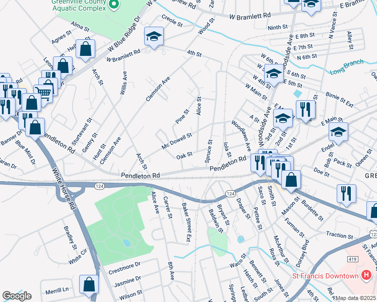map of restaurants, bars, coffee shops, grocery stores, and more near 104 Oak Street in Greenville