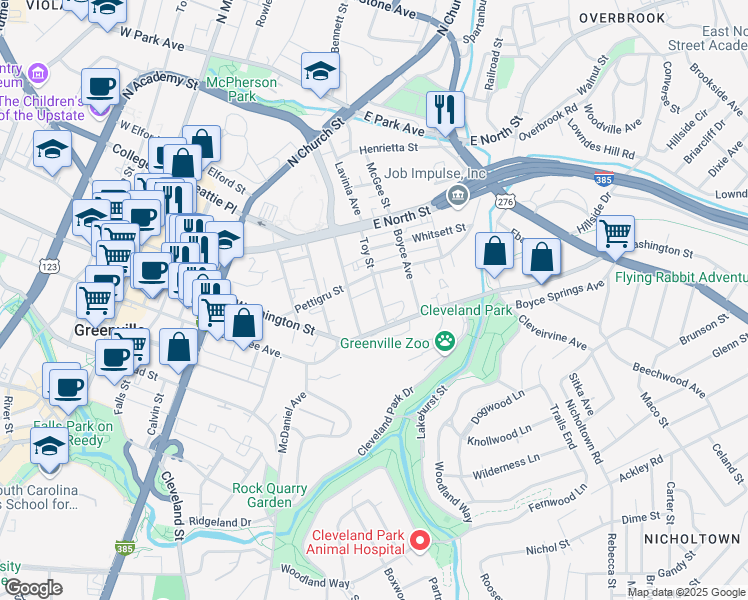 map of restaurants, bars, coffee shops, grocery stores, and more near 13 Toy Street in Greenville