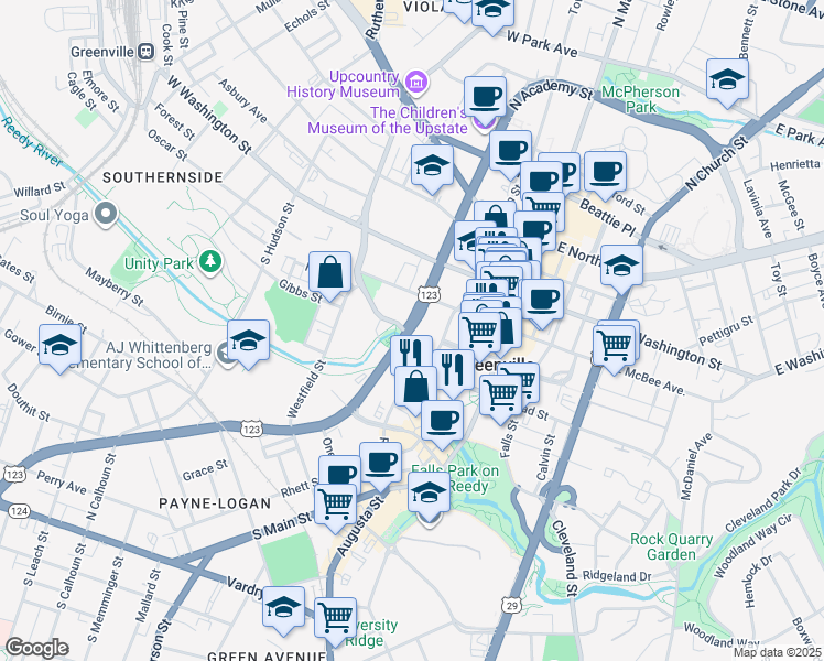 map of restaurants, bars, coffee shops, grocery stores, and more near 501 River Street in Greenville