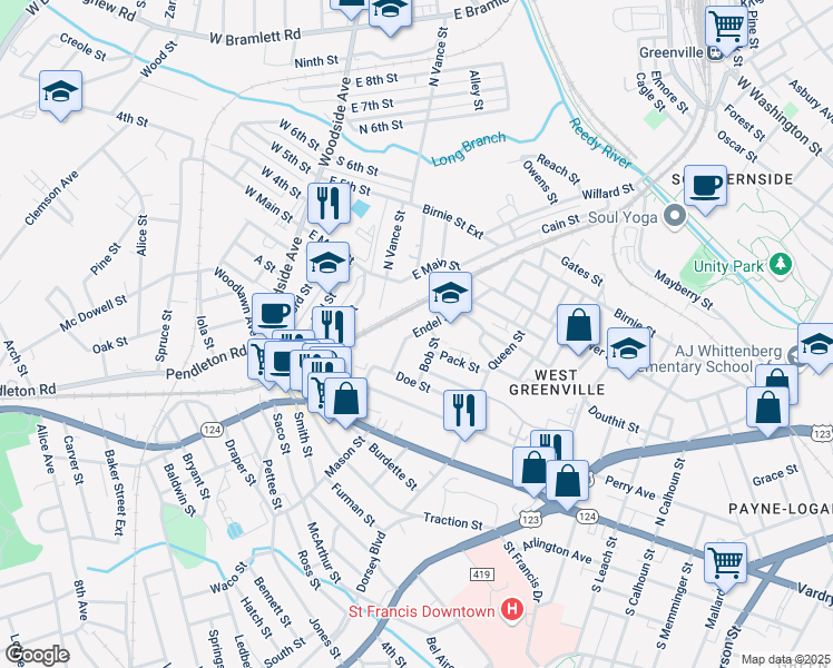 map of restaurants, bars, coffee shops, grocery stores, and more near 24 Endel Street in Greenville