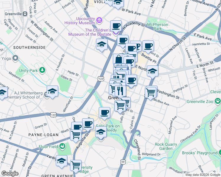 map of restaurants, bars, coffee shops, grocery stores, and more near 120 South Main Street in Greenville