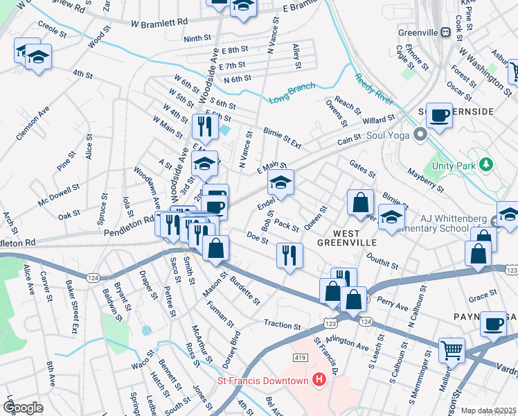 map of restaurants, bars, coffee shops, grocery stores, and more near 24 Endel Street in Greenville