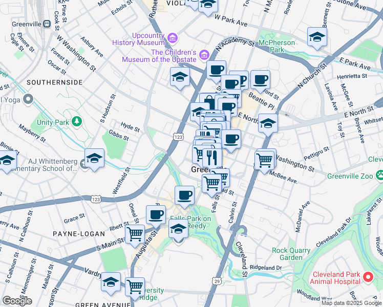 map of restaurants, bars, coffee shops, grocery stores, and more near 100 West Court Street in Greenville