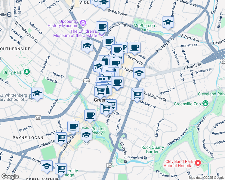 map of restaurants, bars, coffee shops, grocery stores, and more near 9 South Main Street in Greenville