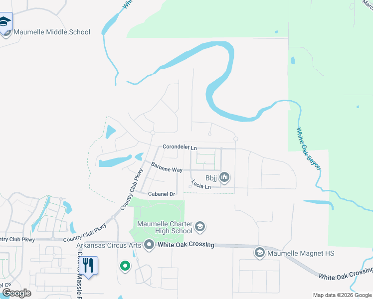 map of restaurants, bars, coffee shops, grocery stores, and more near 212 Lucia Lane in North Little Rock
