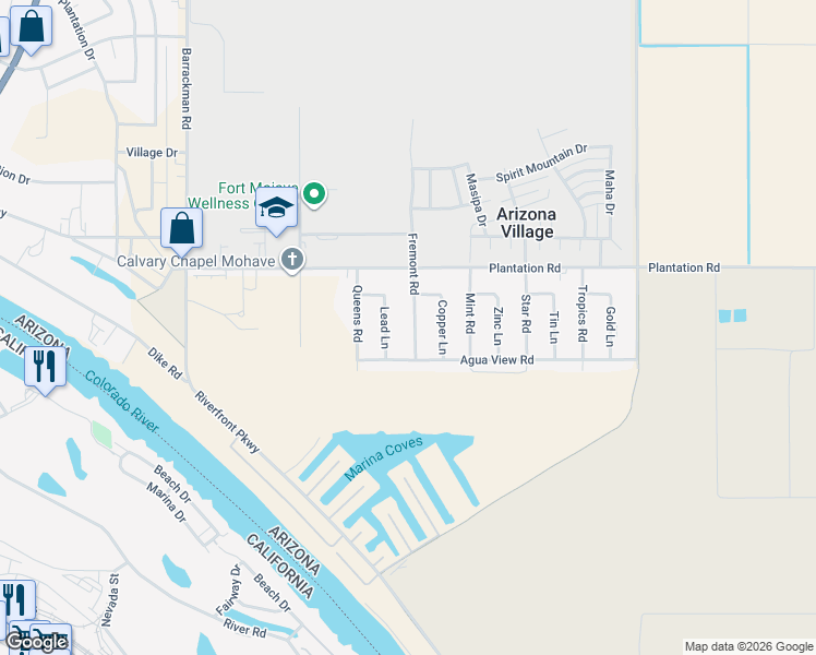 map of restaurants, bars, coffee shops, grocery stores, and more near 10560 S Lead Ln in Mohave Valley