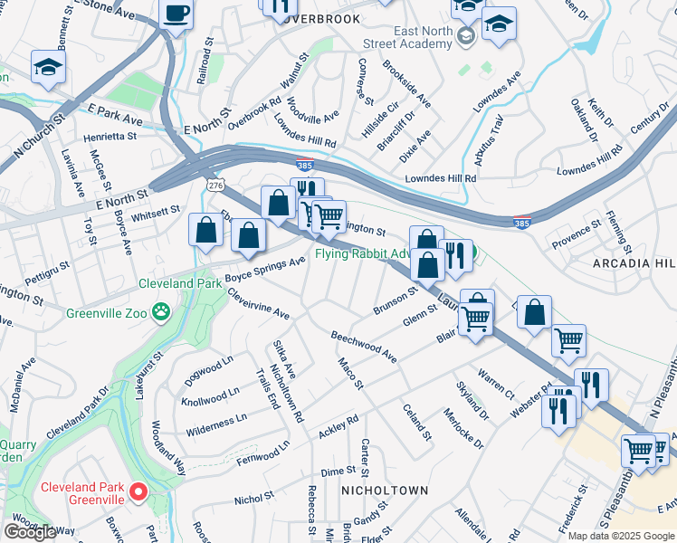 map of restaurants, bars, coffee shops, grocery stores, and more near 13 McAdoo Avenue in Greenville