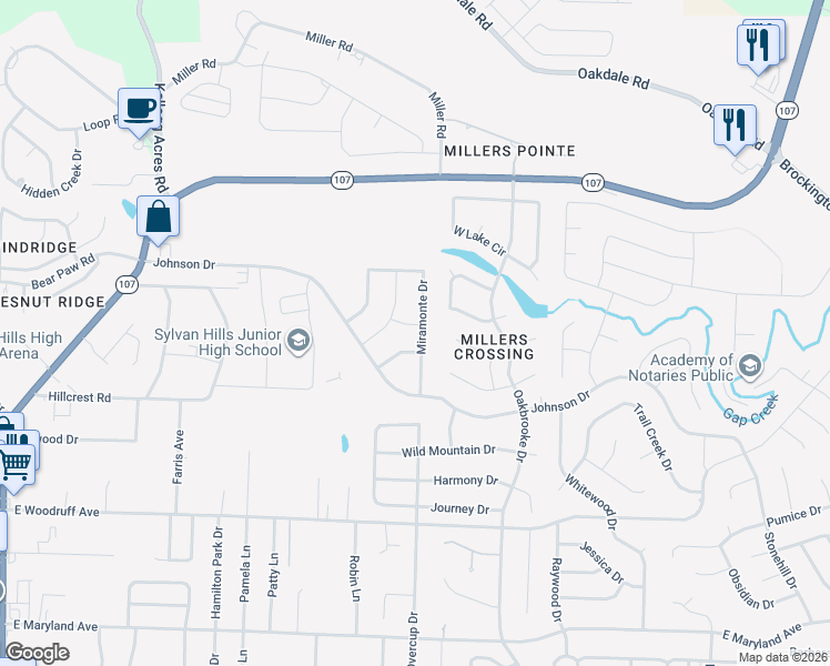 map of restaurants, bars, coffee shops, grocery stores, and more near 2201 Miramonte Drive in Sherwood