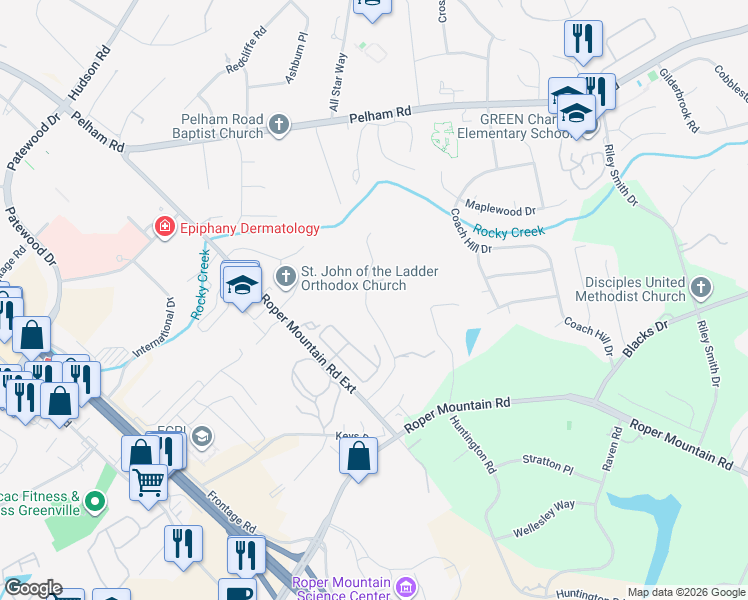 map of restaurants, bars, coffee shops, grocery stores, and more near 15 Hawkins Road in Greenville