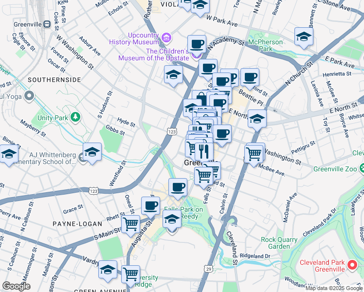 map of restaurants, bars, coffee shops, grocery stores, and more near 120 South Main Street in Greenville