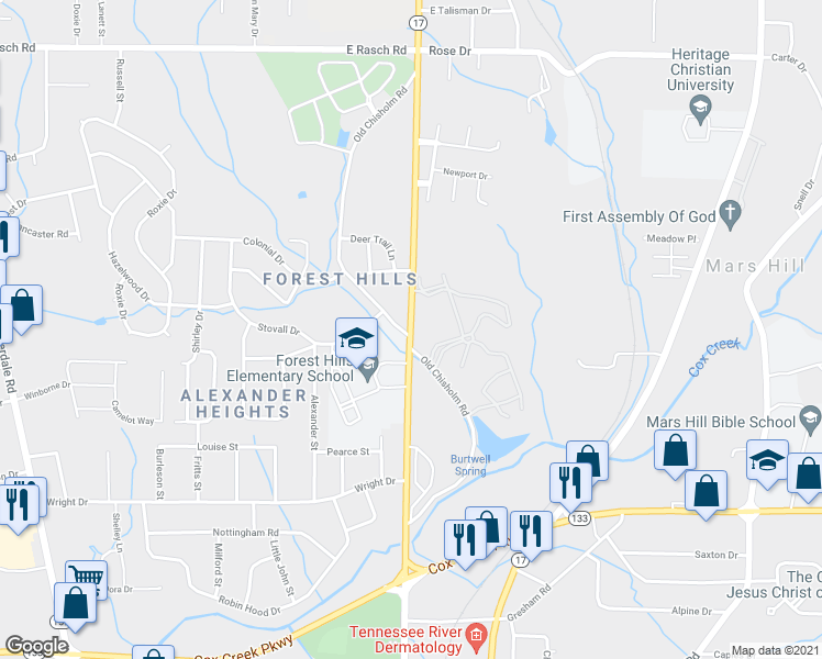 map of restaurants, bars, coffee shops, grocery stores, and more near 3410 Chisholm Road in Florence