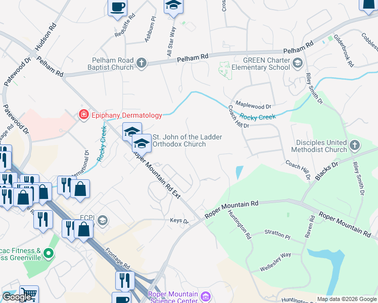 map of restaurants, bars, coffee shops, grocery stores, and more near 15 Hawkins Road in Greenville