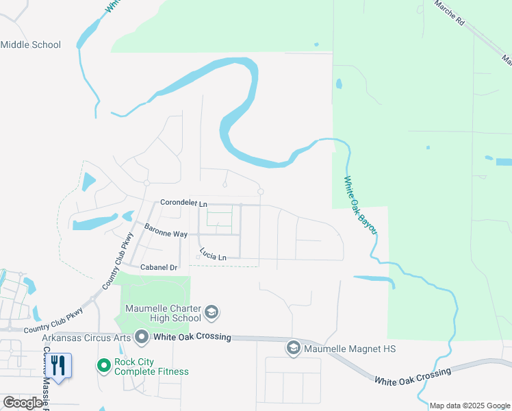 map of restaurants, bars, coffee shops, grocery stores, and more near 1500 Milligan Drive in North Little Rock