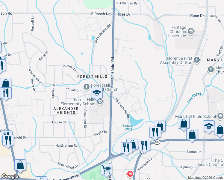 map of restaurants, bars, coffee shops, grocery stores, and more near 3410 Chisholm Road in Florence