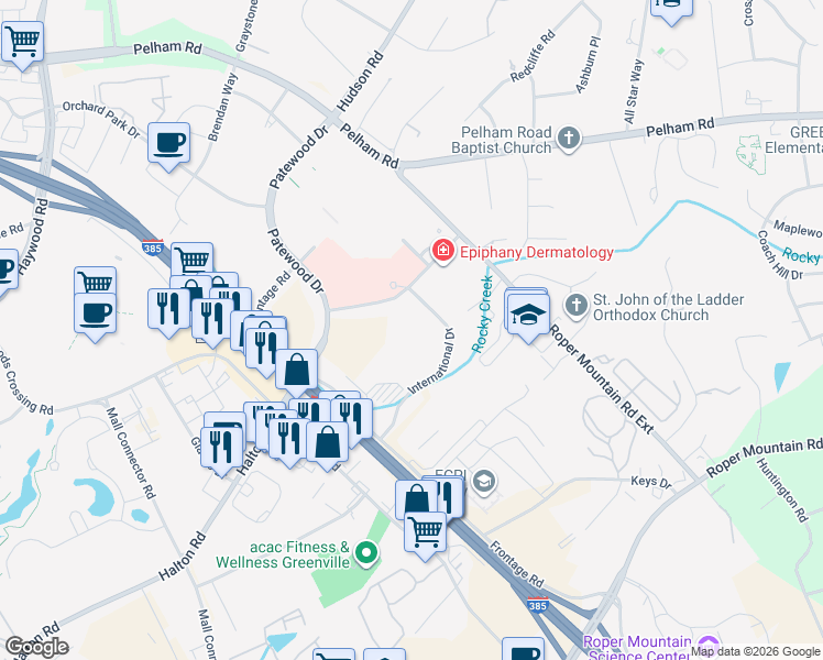 map of restaurants, bars, coffee shops, grocery stores, and more near 50 International Drive in Greenville