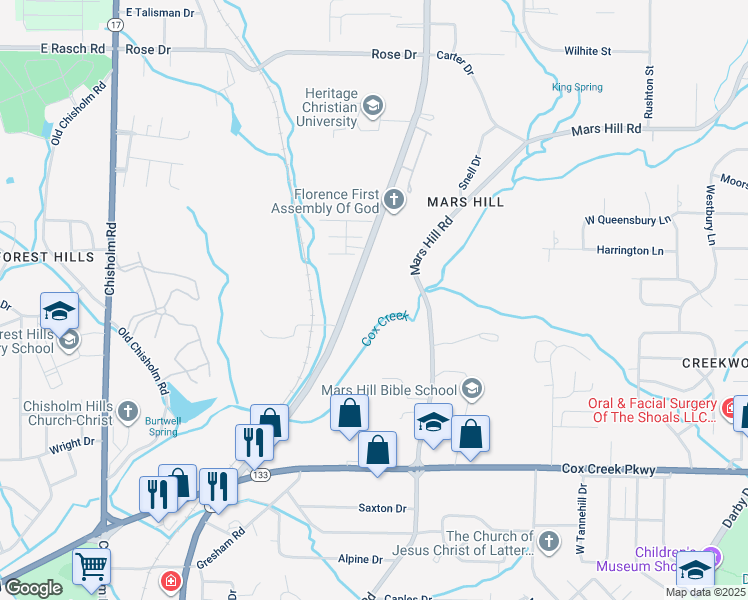 map of restaurants, bars, coffee shops, grocery stores, and more near 3550 Helton Drive Extension in Florence
