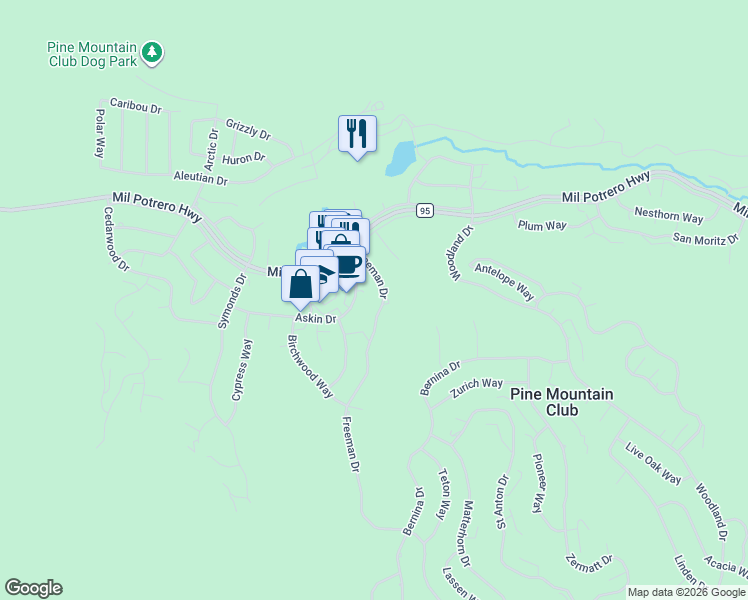 map of restaurants, bars, coffee shops, grocery stores, and more near 2409 Freeman Drive in Pine Mountain Club