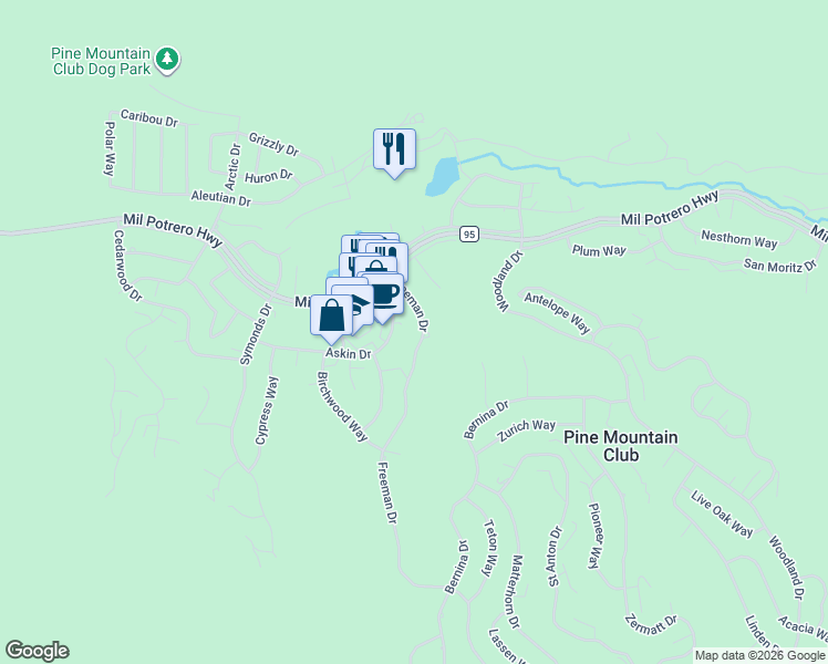 map of restaurants, bars, coffee shops, grocery stores, and more near 2409 Freeman Drive in Pine Mountain Club